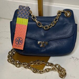 NWT Tory Burch Megan Mni Navy Leather Chain Crossbody Bag